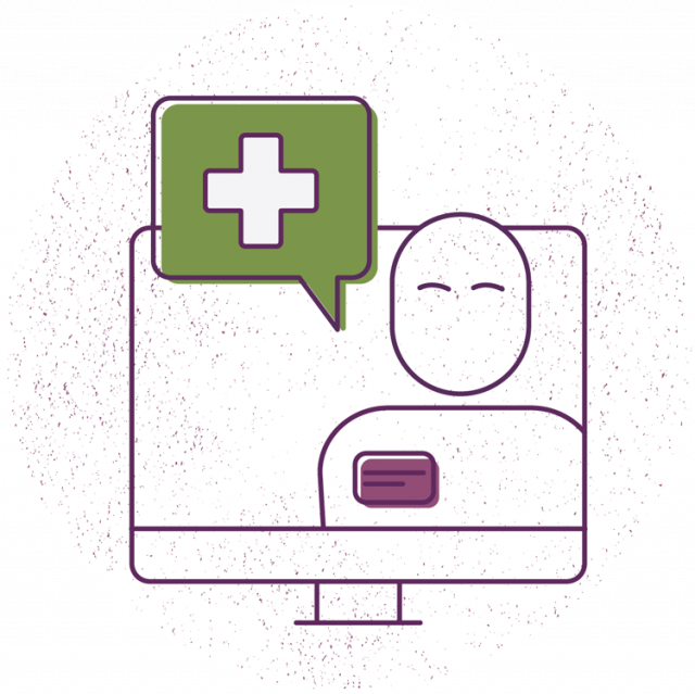 A graphic of a health provider on a computer screen wearing a name tag and accompanied by a green speech bubble with a cross in it.